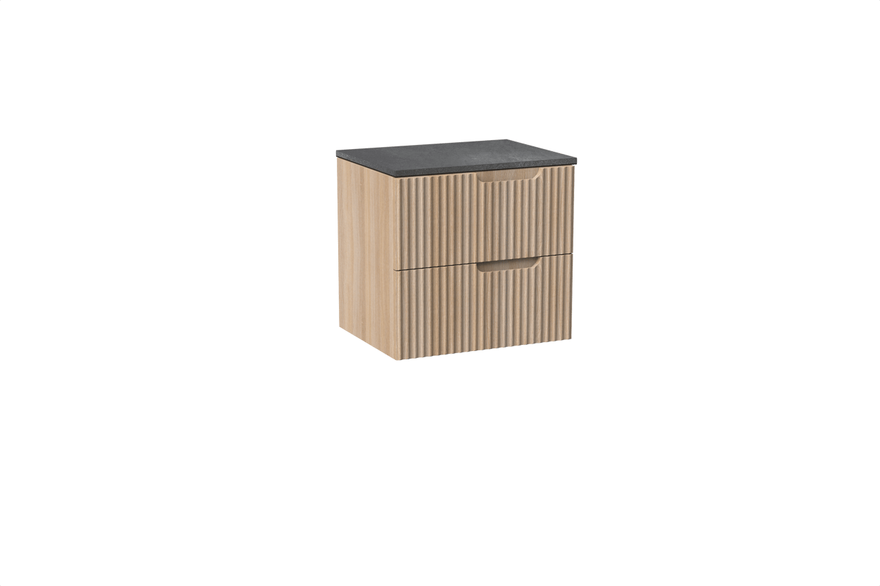 Linie Ribbo meuble salle de bains suspendu 60 x 46 cm chêne clair avec Lado tablette simple en mélaminé ardoise gris, Nervure circulaire symétrique verticale