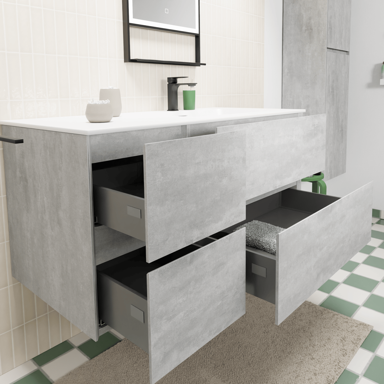 Storke Edge zwevend badmeubel 110 x 52 cm beton donkergrijs met Mata asymmetrisch rechtse wastafel in solid surface mat wit