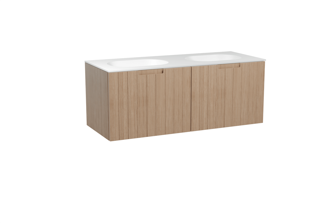 Balmani Adagio meuble salle de bains suspendu 135 x 55 cm chêne vieilli avec Tablo Oval double vasque en solid surface blanc mat