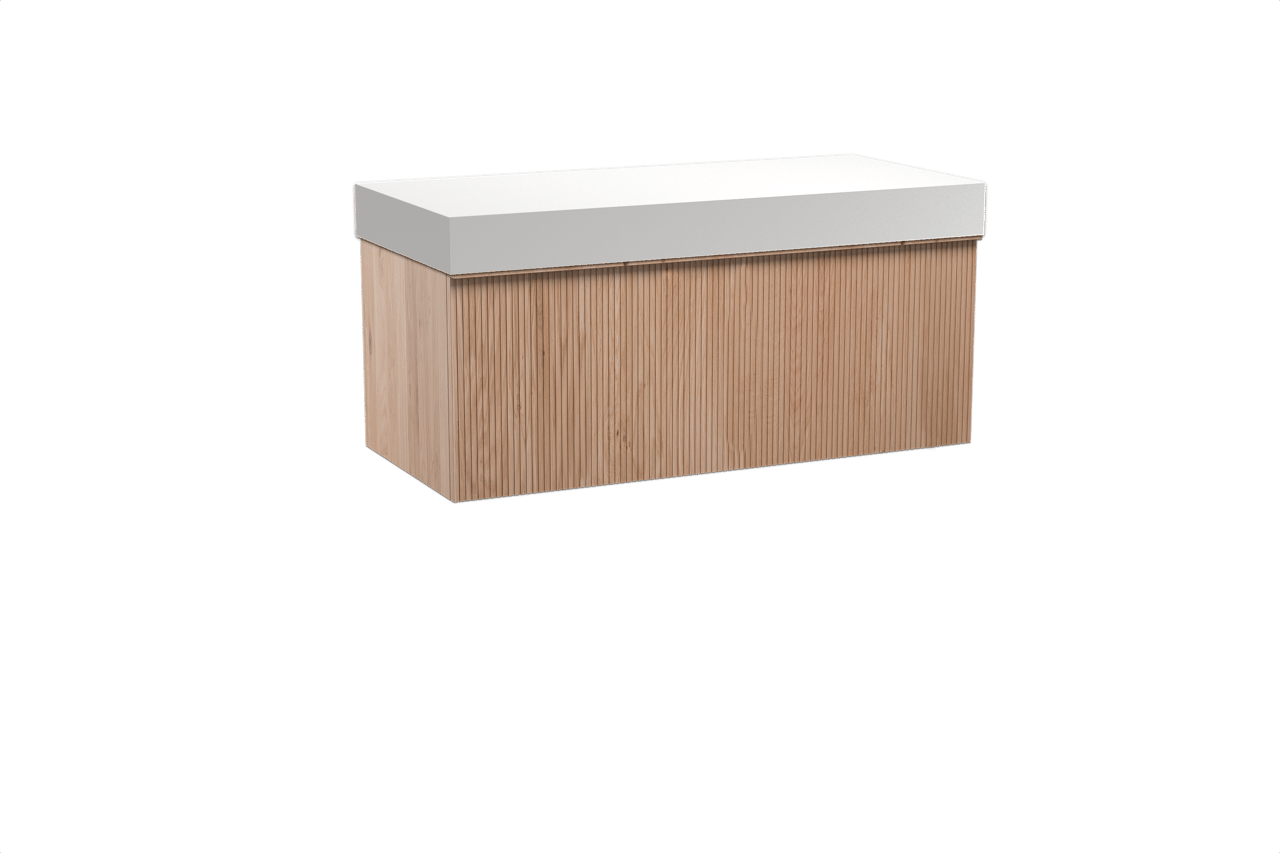 Balmani Forma zwevend badkamermeubel 120 x 55 cm natuur eik met Dominus enkel of dubbel tablet in solid surface mat wit, Verticale symmetrische rechte ribbel