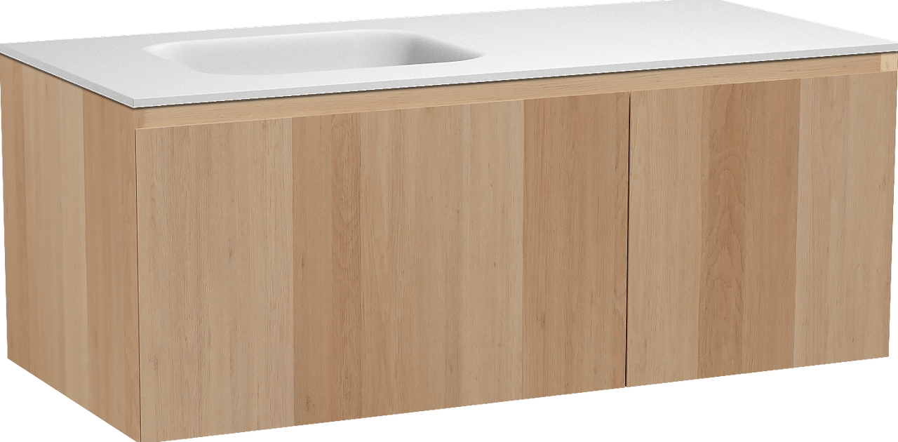 Balmani Idra hängendes Möbelstück Set: 120 x 55 cm, Naturbelassene Eiche, mit Tablo Arcato Waschtisch links, Solid Surface Weiß matt