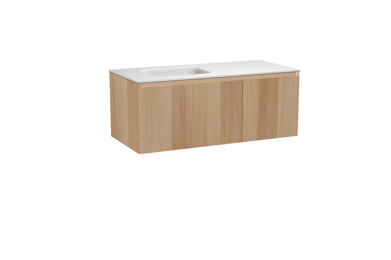 Balmani Idra meuble salle de bains suspendu 120 x 55 cm chêne naturel avec Tablo Arcato plan vasque asymétrique à gauche en solid surface blanc mat