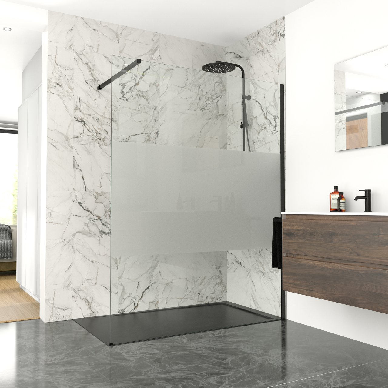 Balmani Modular douche à l'italienne 180 x 200 cm verre transparent avec bande matte profil noir mat