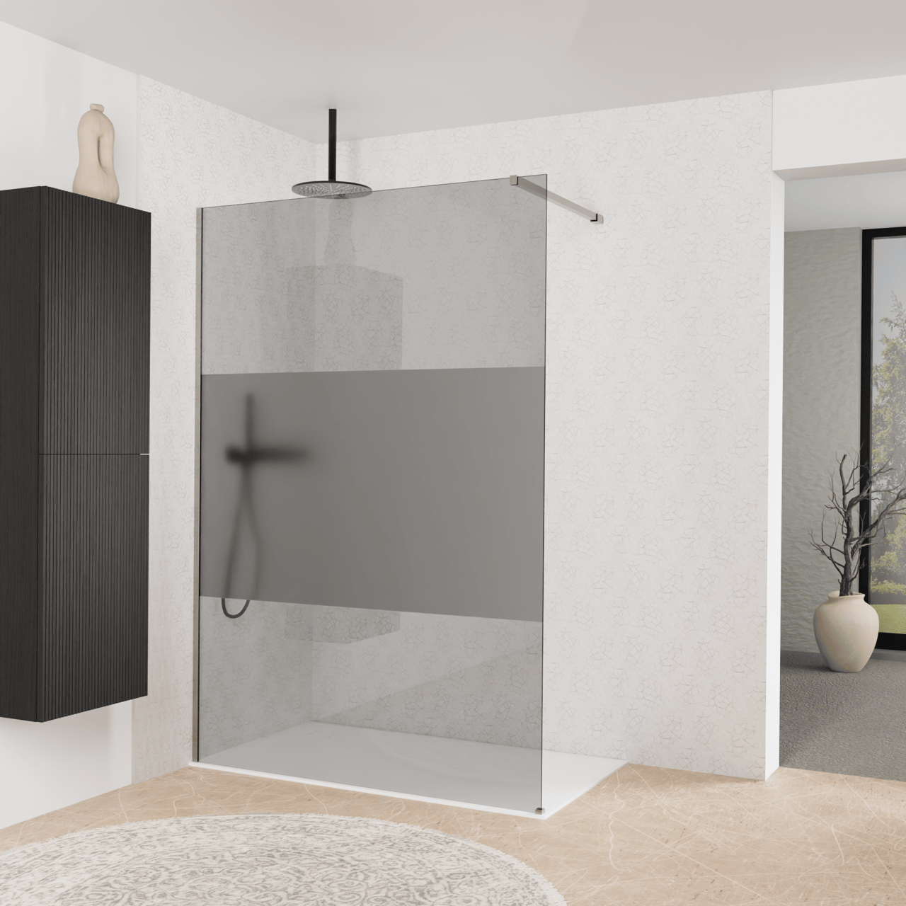 Balmani Modular inloopdouche: 140 x 200 cm, Rookglas met matte strook met coating, Brushed Inox profielen