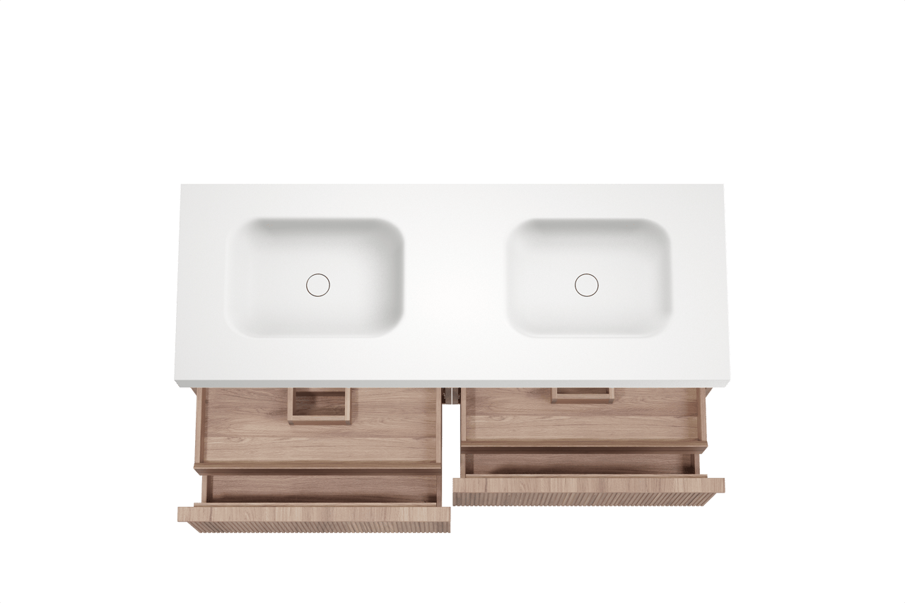 Balmani Forma zwevend badmeubel 150 x 55 cm teakhout met Arcato dubbele wastafel in solid surface mat wit, Verticale symmetrische rechte ribbel
