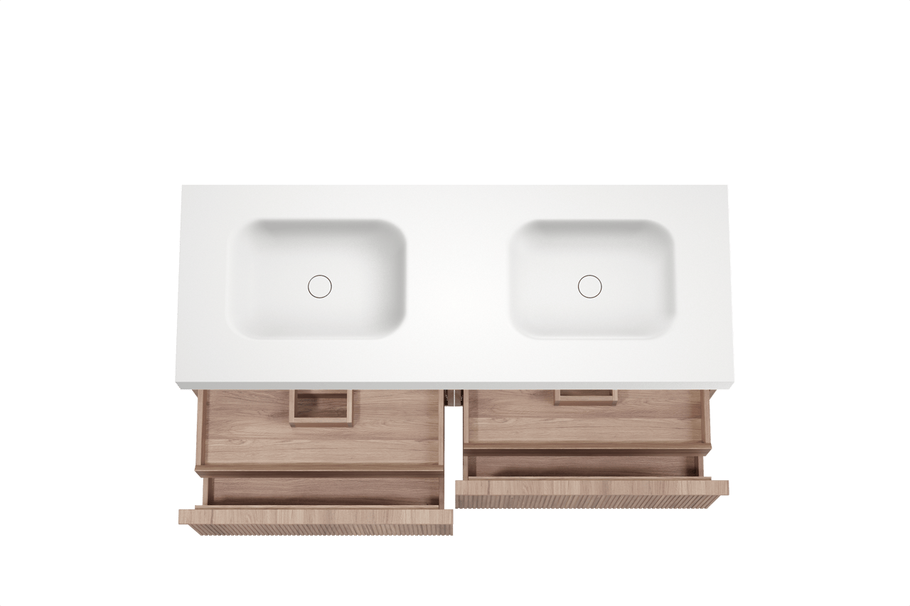 Balmani Forma hängendes Möbelstück Set: 150 x 55 cm, Teak, mit Arcato Doppelwaschtisch, Solid Surface, Weiß matt, Vertikale symmetrische gerade Rippe