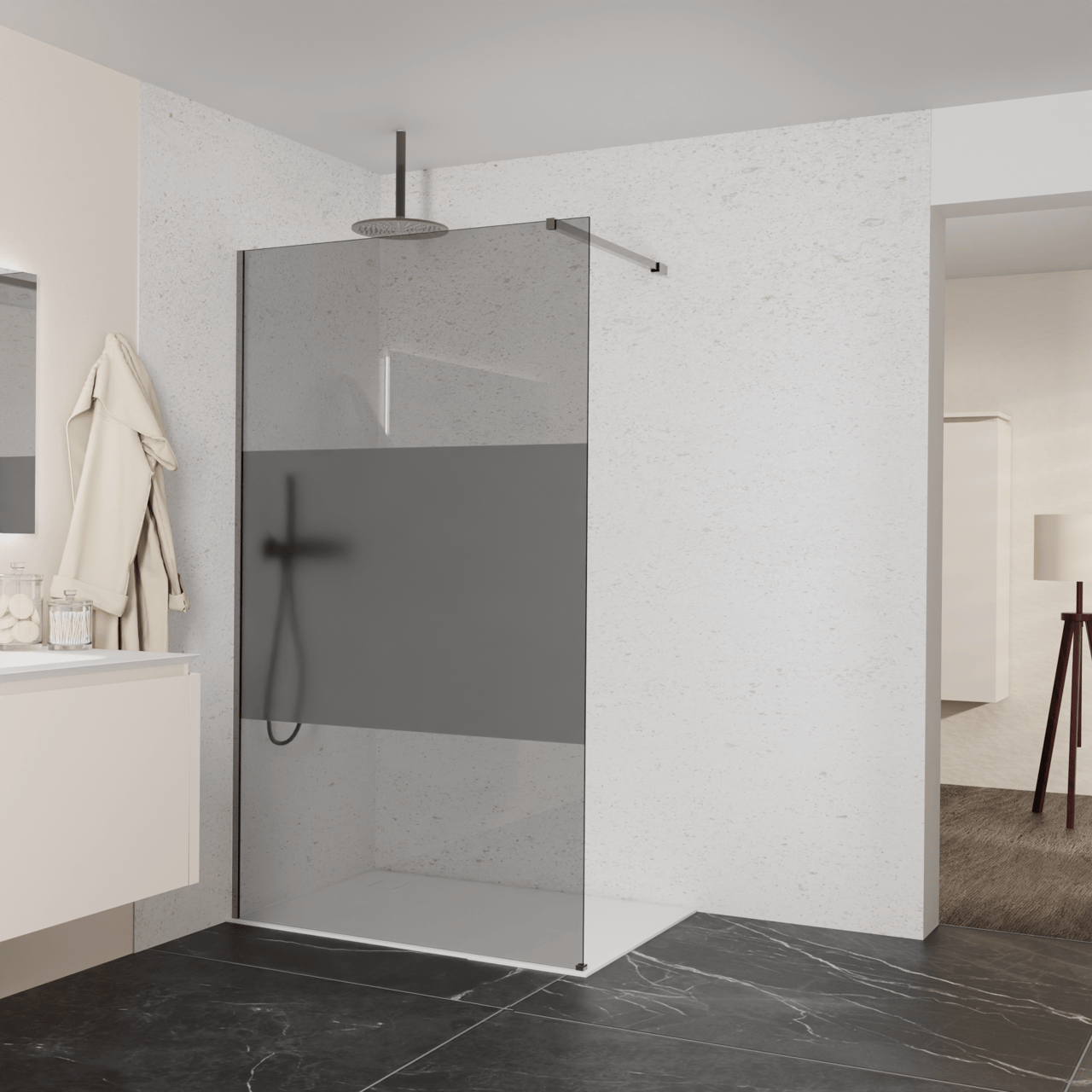 Balmani Modular douche à l'italienne: 120 x 200 cm, Verre fumé avec bande mate, avec coating, Profil Brushed GunMetal