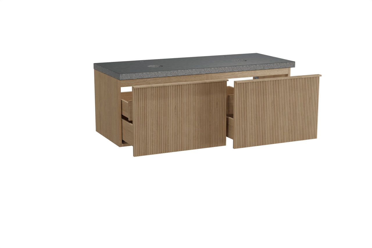 Balmani Forma hängendes Möbelstück Set: 135 x 55 cm, Naturbelassene Eiche, mit Rock Doppel Waschtischplatte, Granit, Schwarzes Granit, Vertikale symmetrische gerade Rippe