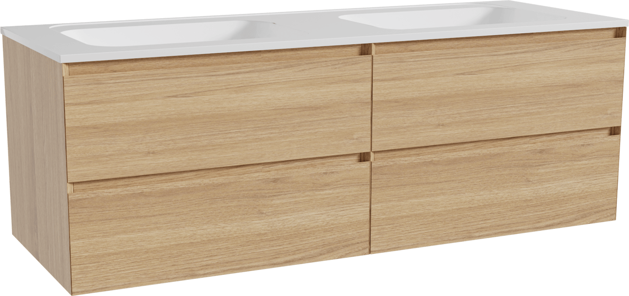 Balmani Mitra zwevend badmeubel 150 x 55 cm naturel eiken met Tablo Strada dubbele wastafel in composietmarmer hoogglans wit