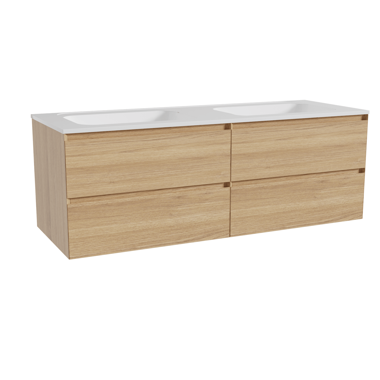 Balmani Mitra zwevend badkamermeubel 150 x 55 cm natuur eik met Tablo Strada dubbele wastafel in composietmarmer glanzend wit