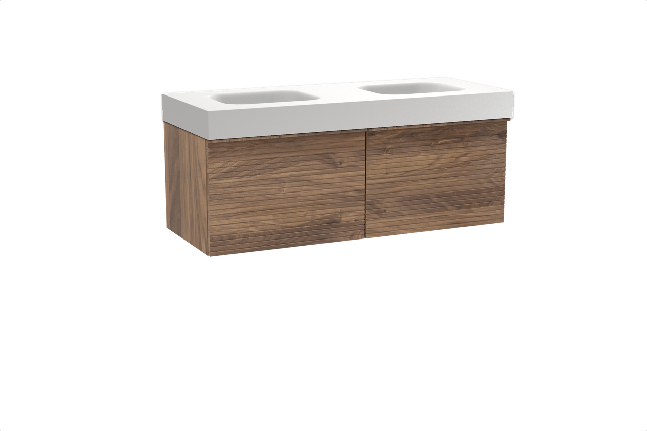 Balmani Forma zwevend badkamermeubel 135 x 55 cm amerikaanse notelaar met Arcato dubbele wastafel in solid surface mat wit, Horizontale symmetrische rechte ribbel