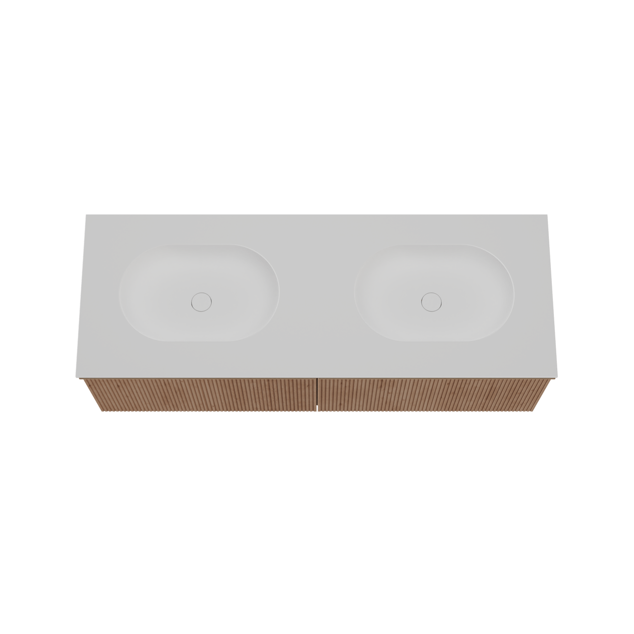 Balmani Forma meuble salle de bains suspendu 150 x 55 cm chêne naturel avec Tablo Oval double vasque en solid surface blanc mat, Nervure droite symétrique verticale