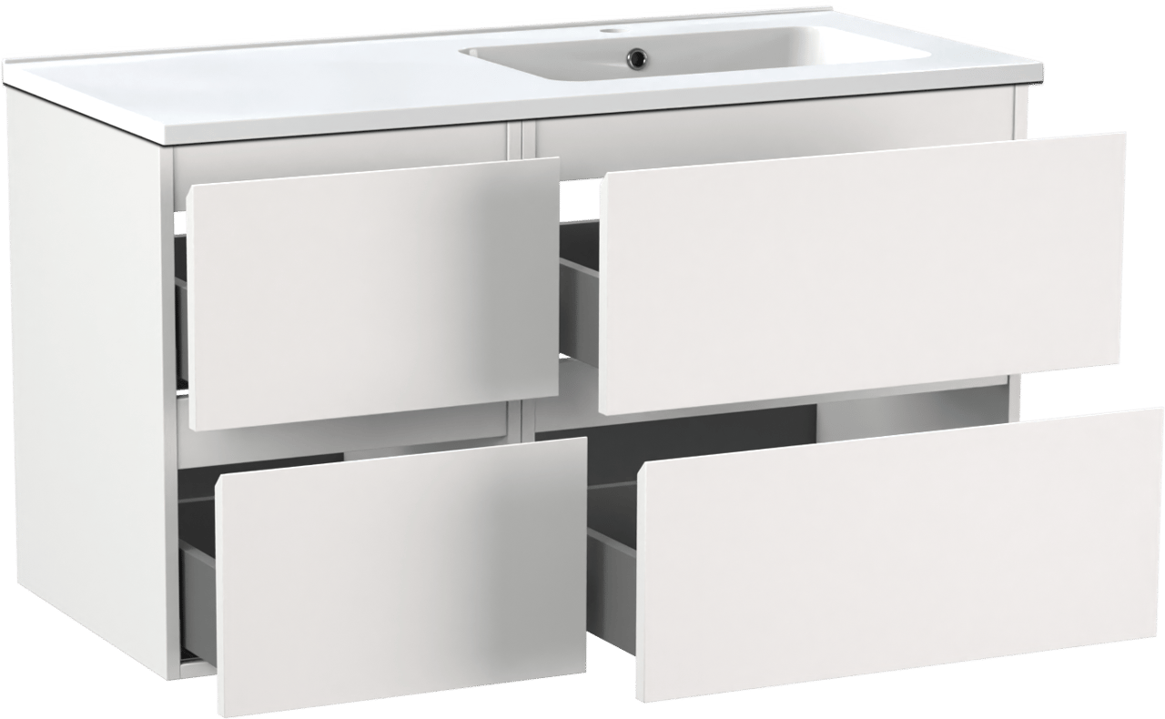 Linie Lado zwevend badkamermeubel 100 x 46 cm mat wit met Vano asymmetrisch rechtse wastafel in composietmarmer glanzend wit