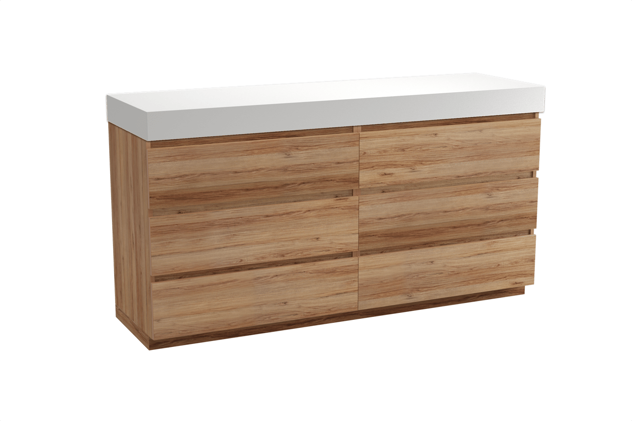 Balmani Lucida freistehendes Möbelstück Set: 180 x 55 cm, Teak, mit Dominus Einzel- oder Doppel Waschtischplatte, Solid Surface Weiß matt