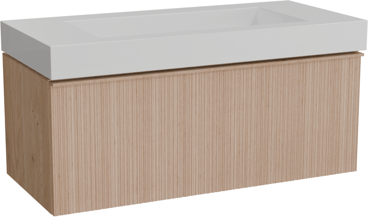 Balmani Forma zwevend badmeubel 120 x 55 cm naturel eiken met Modus enkele wastafel voor 2 kraangaten in solid surface mat wit, Verticale asymmetrische ronde ribbel