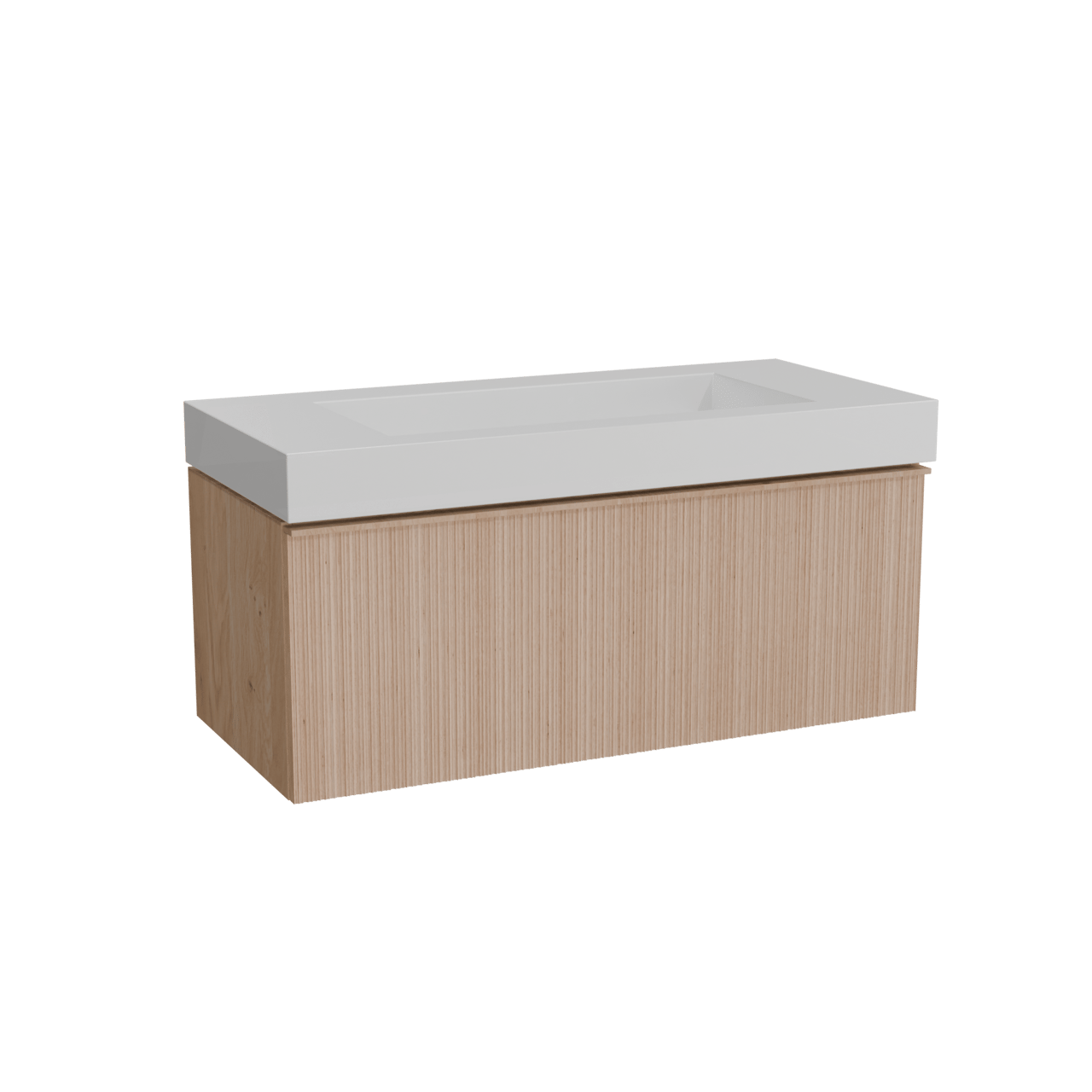 Balmani Forma zwevend badkamermeubel 120 x 55 cm natuur eik met Modus enkele wastafel voor 2 kraangaten in solid surface mat wit, Verticale asymmetrische ronde ribbel