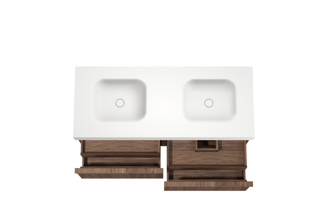 Balmani Forma meuble salle de bains suspendu 135 x 55 cm noyer américain avec Arcato double vasque en solid surface blanc mat, Nervure droite symétrique verticale