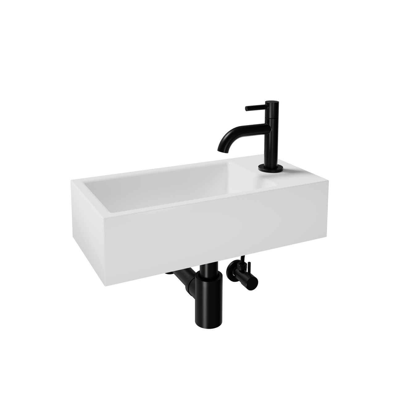 Luca Varess Cubic midi handenwasser glanzend wit Porselein 40x20cm rechts inclusief zwarte kraan en toebehoren