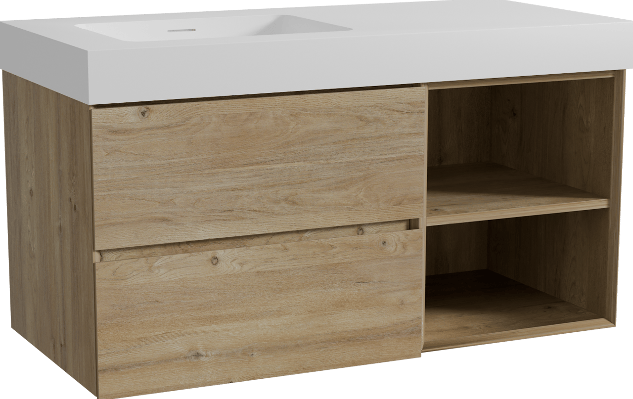 Storke Edge zwevend badmeubel 110 x 52 cm ruw eiken met Mata High asymmetrisch linkse wastafel in solid surface mat wit