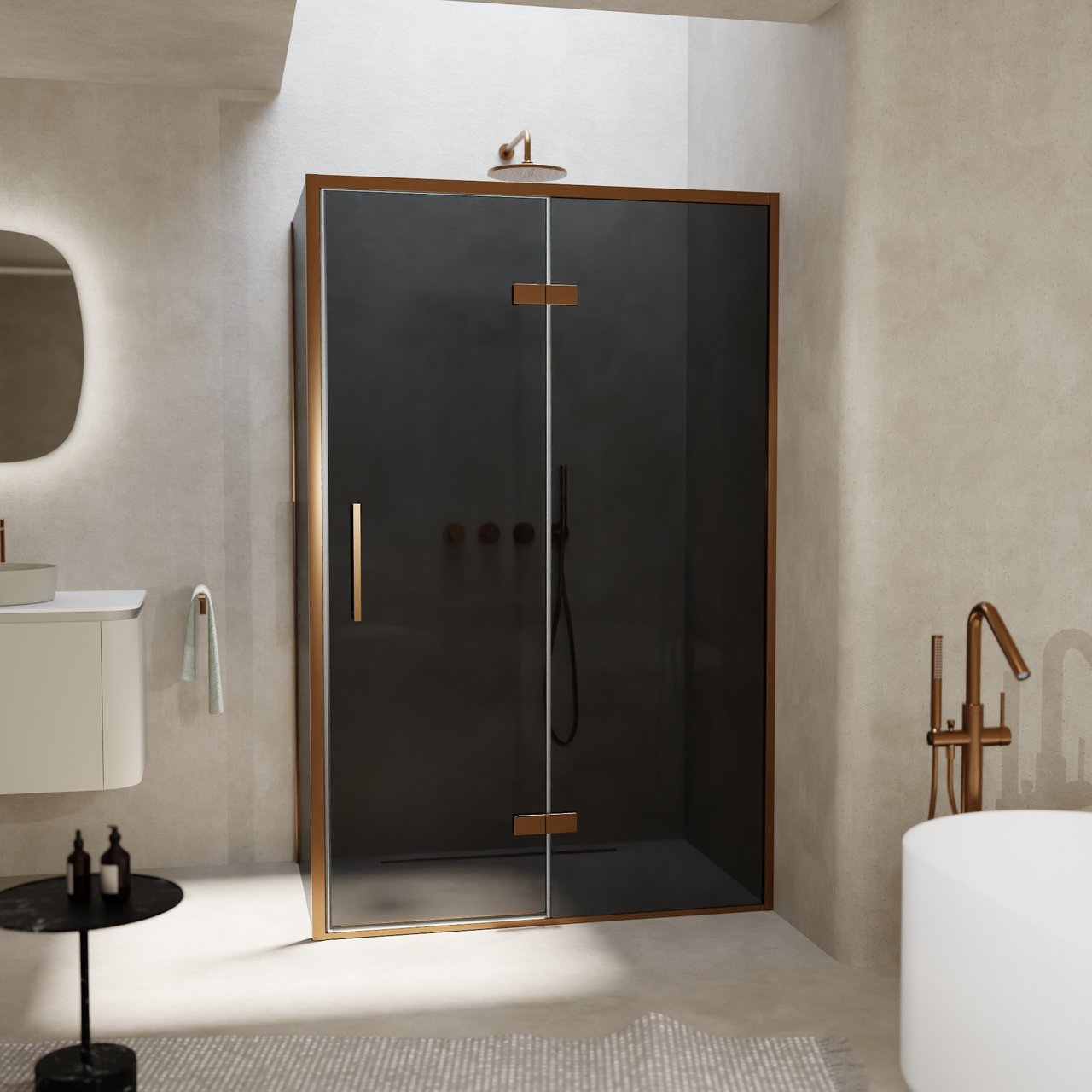 Balmani Senses Design douchehoek met rechtse draaideur en vaste zijwand, 120 x 100 cm, Rookglas, Brushed Rosegold profielen, met coating