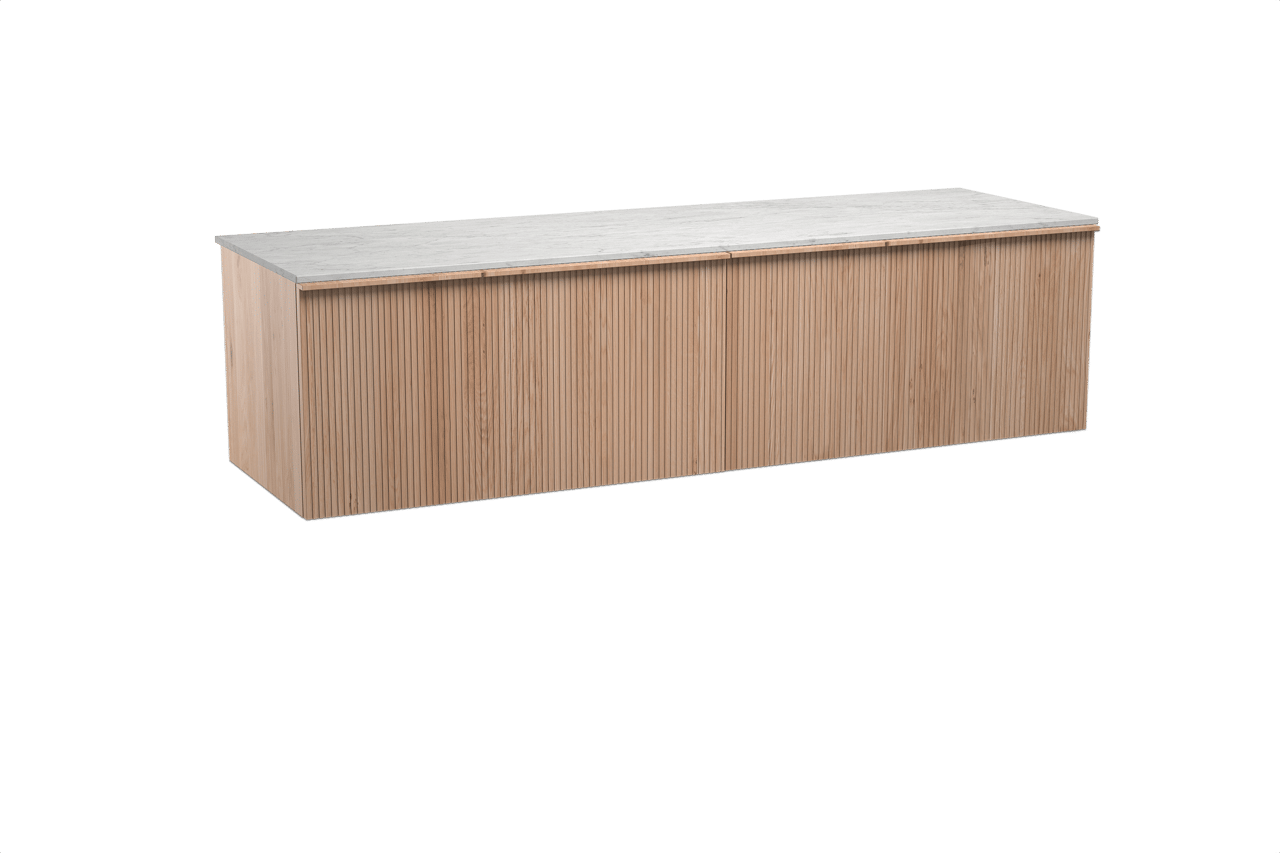 Balmani Forma hängendes Möbelstück Set: 180 x 55 cm, Naturbelassene Eiche, mit Stretto Einzel- oder Doppel Waschtischplatte, Marmor, Carrara, Vertikale symmetrische gerade Rippe