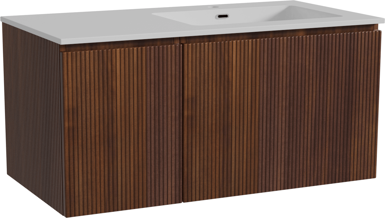 Storke Ribs zwevend badmeubel 100 x 52 cm notenhout met Diva asymmetrisch rechtse wastafel in composietmarmer hoogglans wit, Verticale symmetrische rechte ribbel