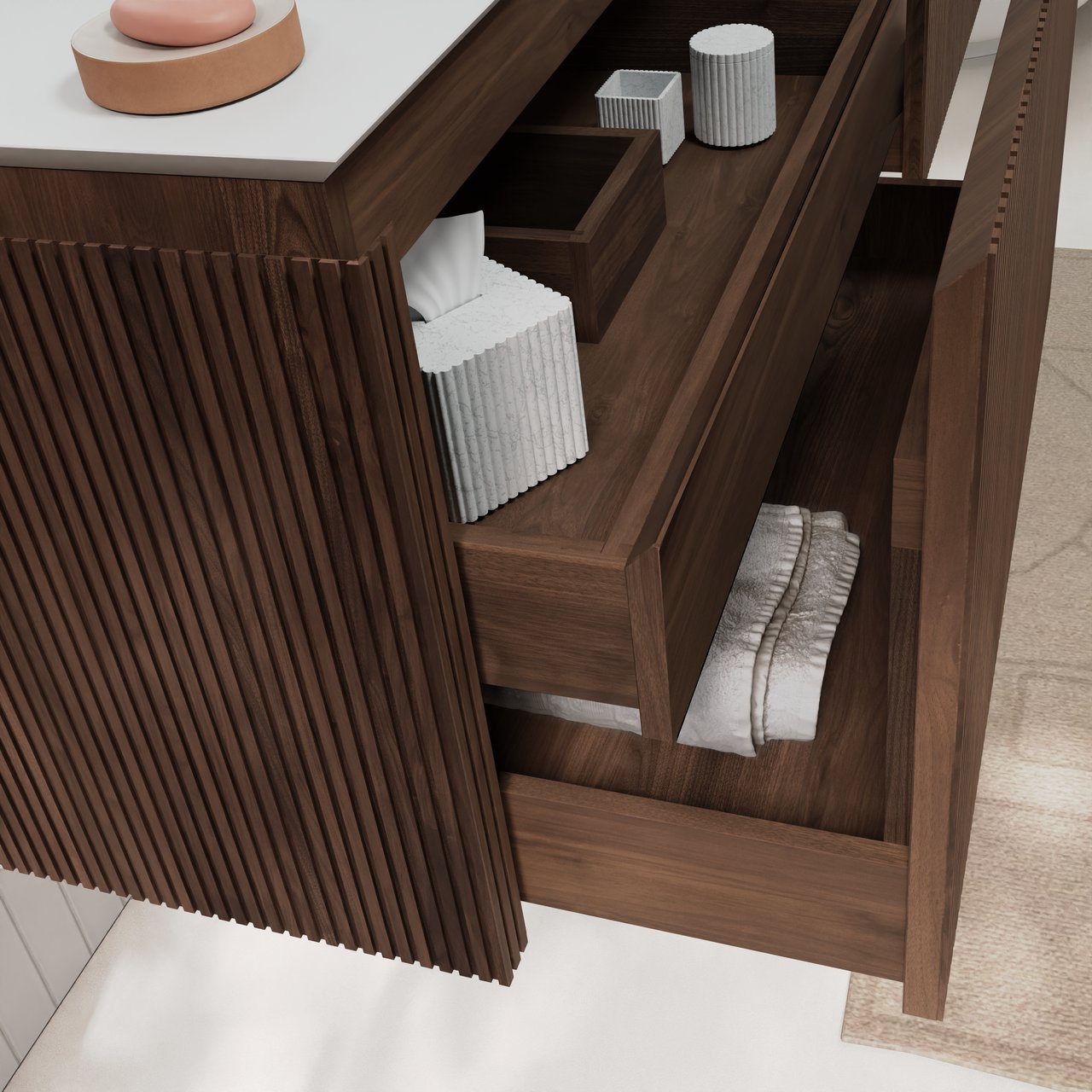 Balmani Eclips zwevend badkamermeubel 120 x 55 cm Amerikaanse notelaar met Eclips enkel of dubbel tablet in Solid Surface mat wit, Verticale symmetrische rechte ribbel