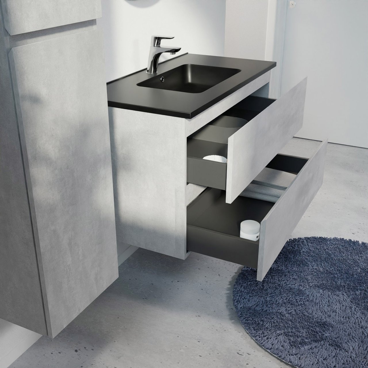 Linie Lado hängendes Möbelstück Set: 90 x 46 cm, Beton dunkelgrau, mit Vano Einzelwaschtisch, Marmorkomposit Schwarz matt