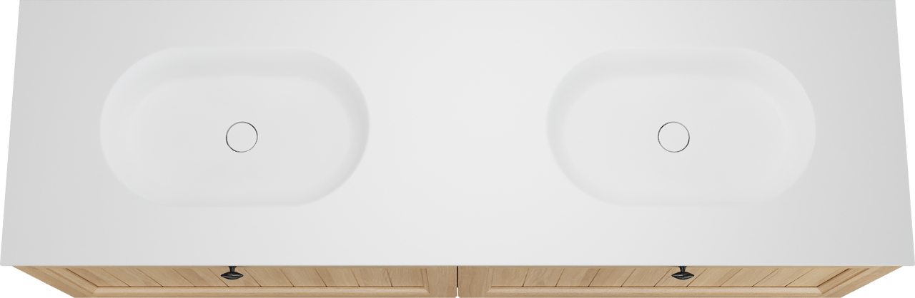 Balmani Lemon zwevend badkamermeubel 180 x 55 cm, fineer natuur eik met Tablo Oval dubbele wastafel in mat wit