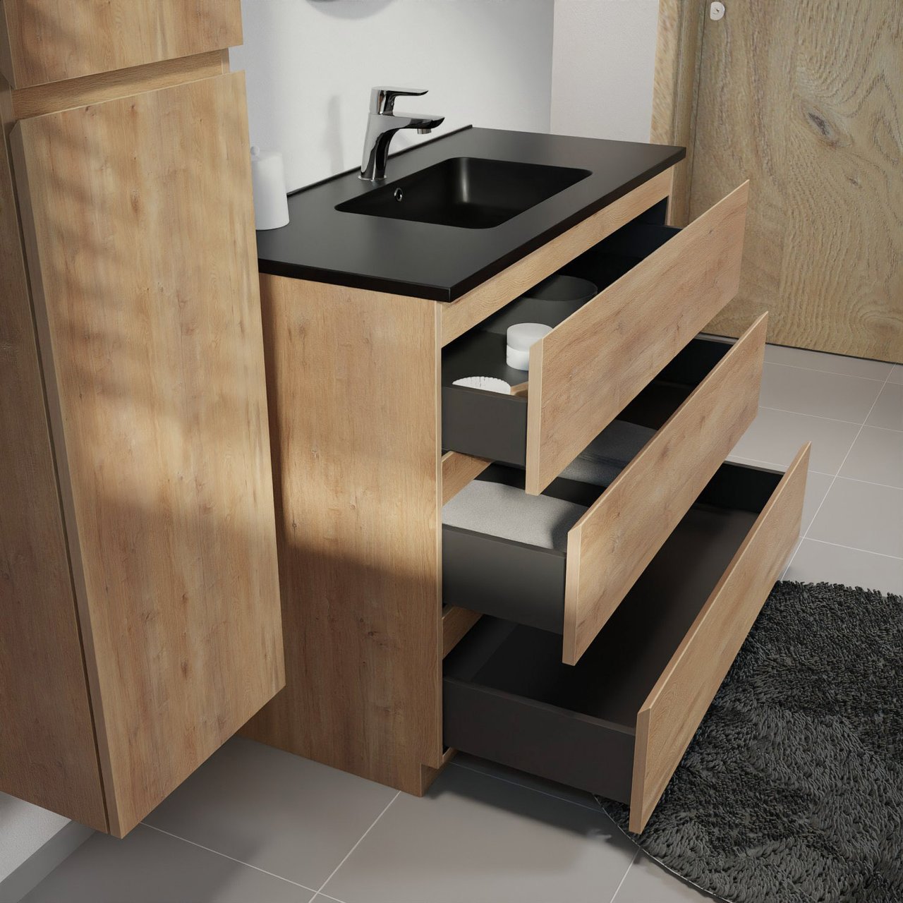 Linie Lado freistehendes Möbelstück Set: 100 x 46 cm, Naturbelassene Eiche, mit Vano Einzelwaschtisch, Marmorkomposit Schwarz matt