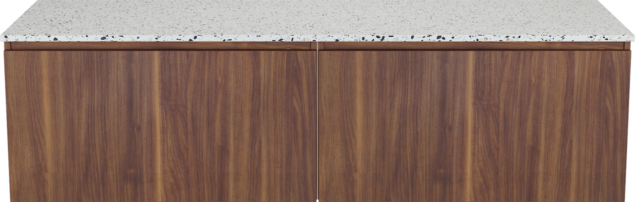 Balmani Sfera hängendes Möbelstück Set: 180 x 55 cm, Amerikanischer Nussbaum, mit Stretto Einzel- oder Doppel Waschtischplatte, Terrazzo in Weiß/Schwarz matt