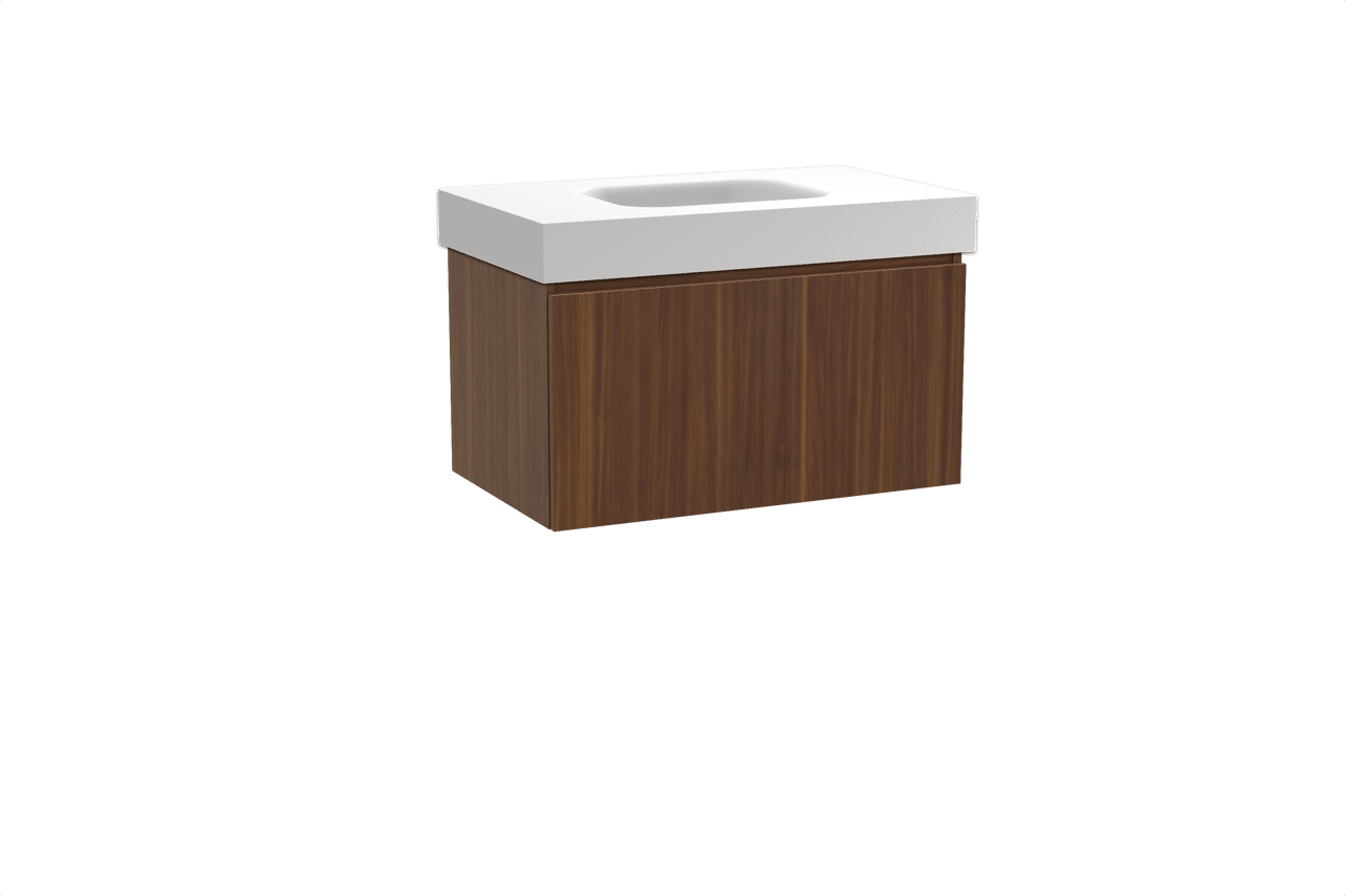 Balmani Sfera hängendes Möbelstück Set: 90 x 55 cm, Amerikanischer Nussbaum, mit Arcato Einzelwaschtisch, Solid Surface Weiß matt