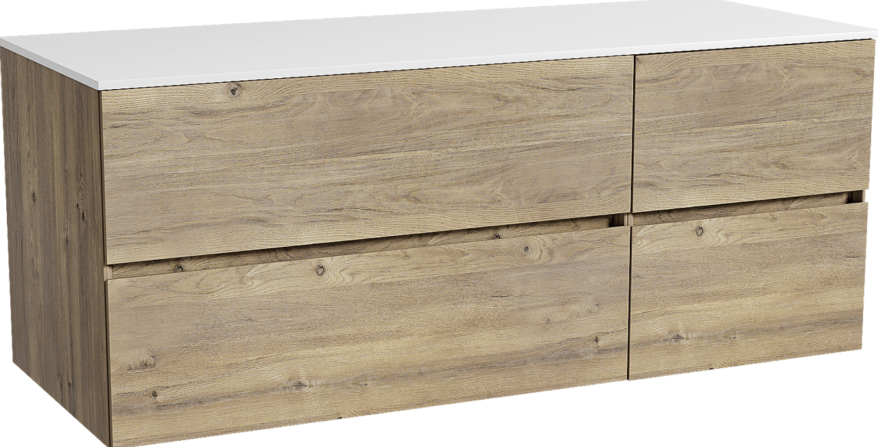 Storke Edge zwevend badmeubel 130 x 52 cm ruw eiken met Tavola enkel of dubbel wastafelblad in solid surface mat wit