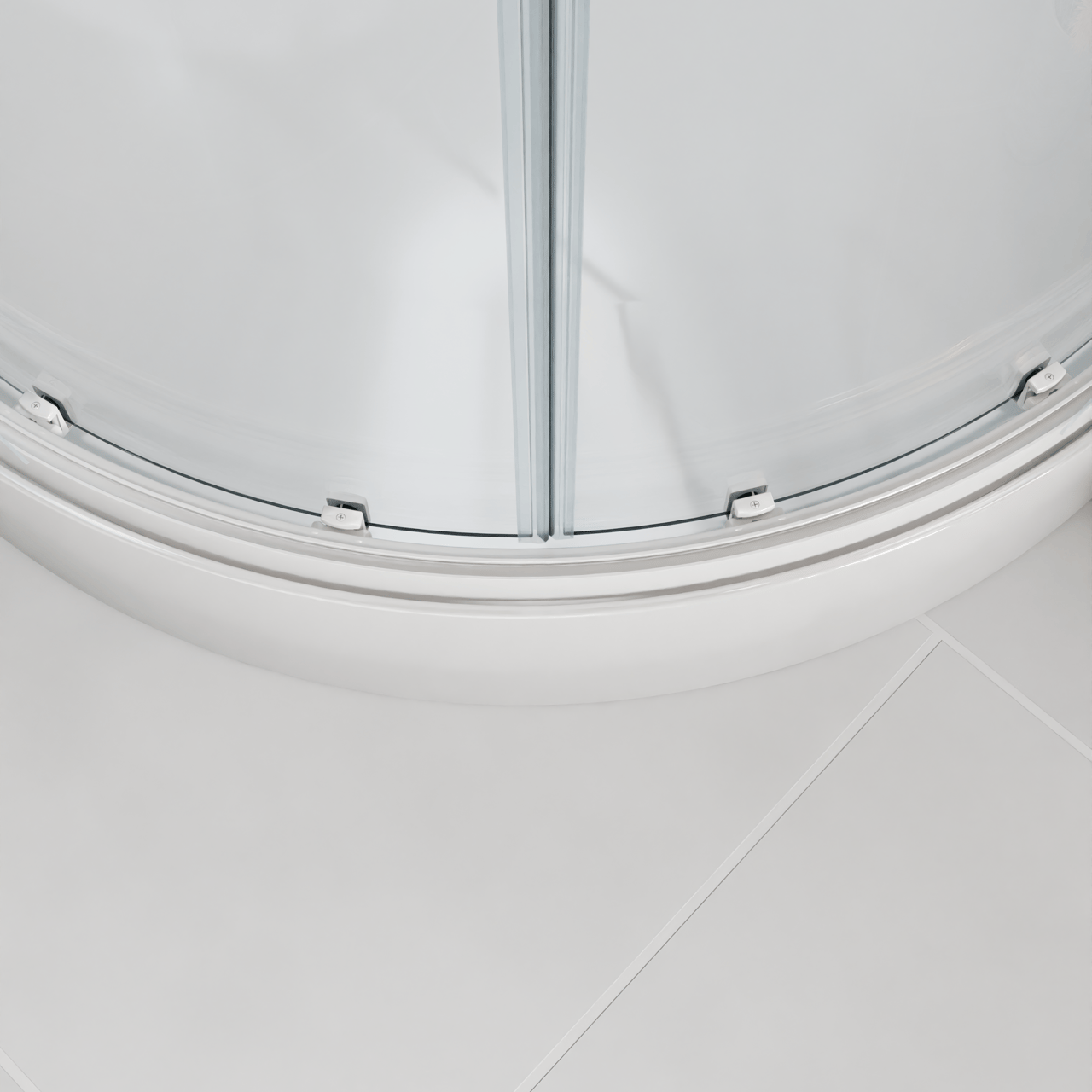 Luca Varess Talan viertelkreisförmige Duschkabine: Schiebetür, 90 x 90 cm, Klarglas mit gestreiftem matten Band, Weißes Profil, glänzend