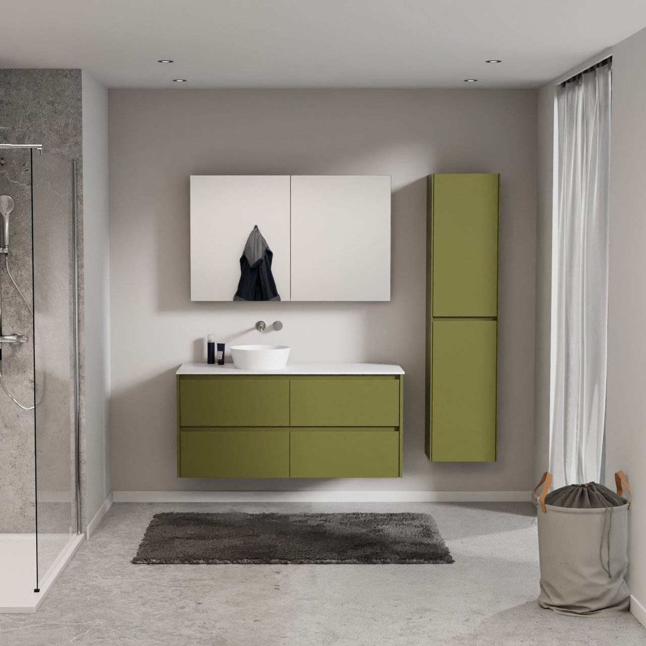Storke Seda meuble salle de bains suspendu 130 x 52 cm vert olive avec Tavola tablette simple ou double en solid surface blanc mat