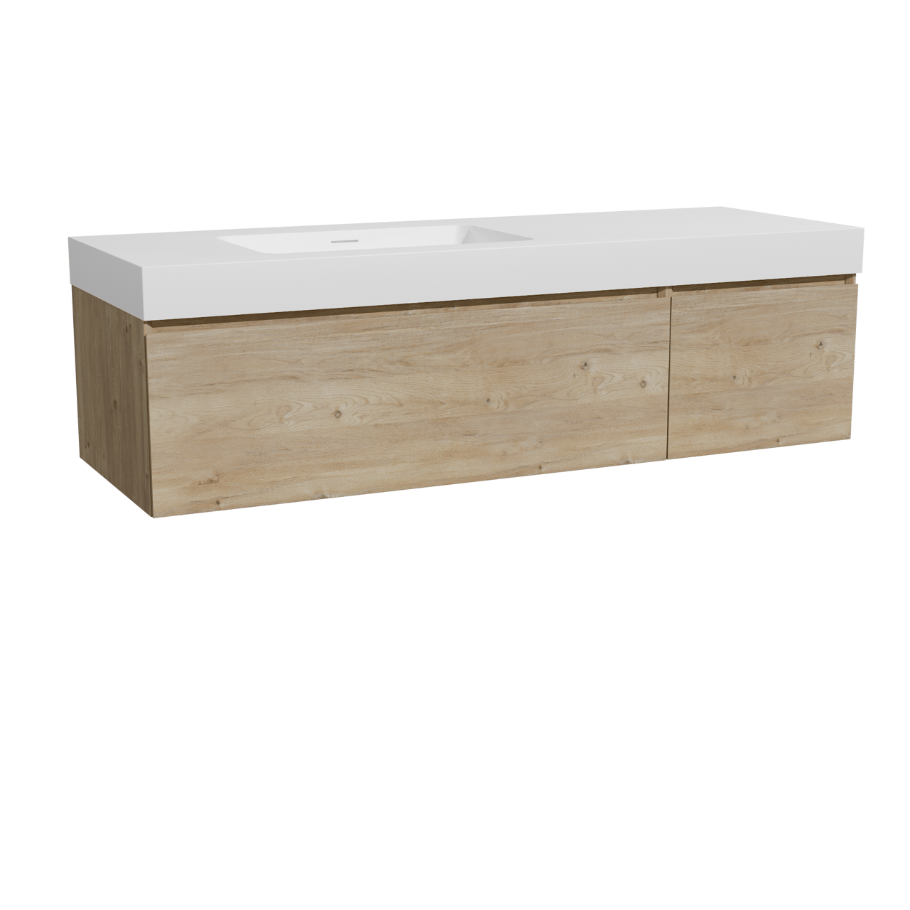 Storke Edge hängendes Möbelstück Set: 150 x 52 cm, Rohe Eiche, mit Mata High Waschtisch links, Solid Surface Weiß matt