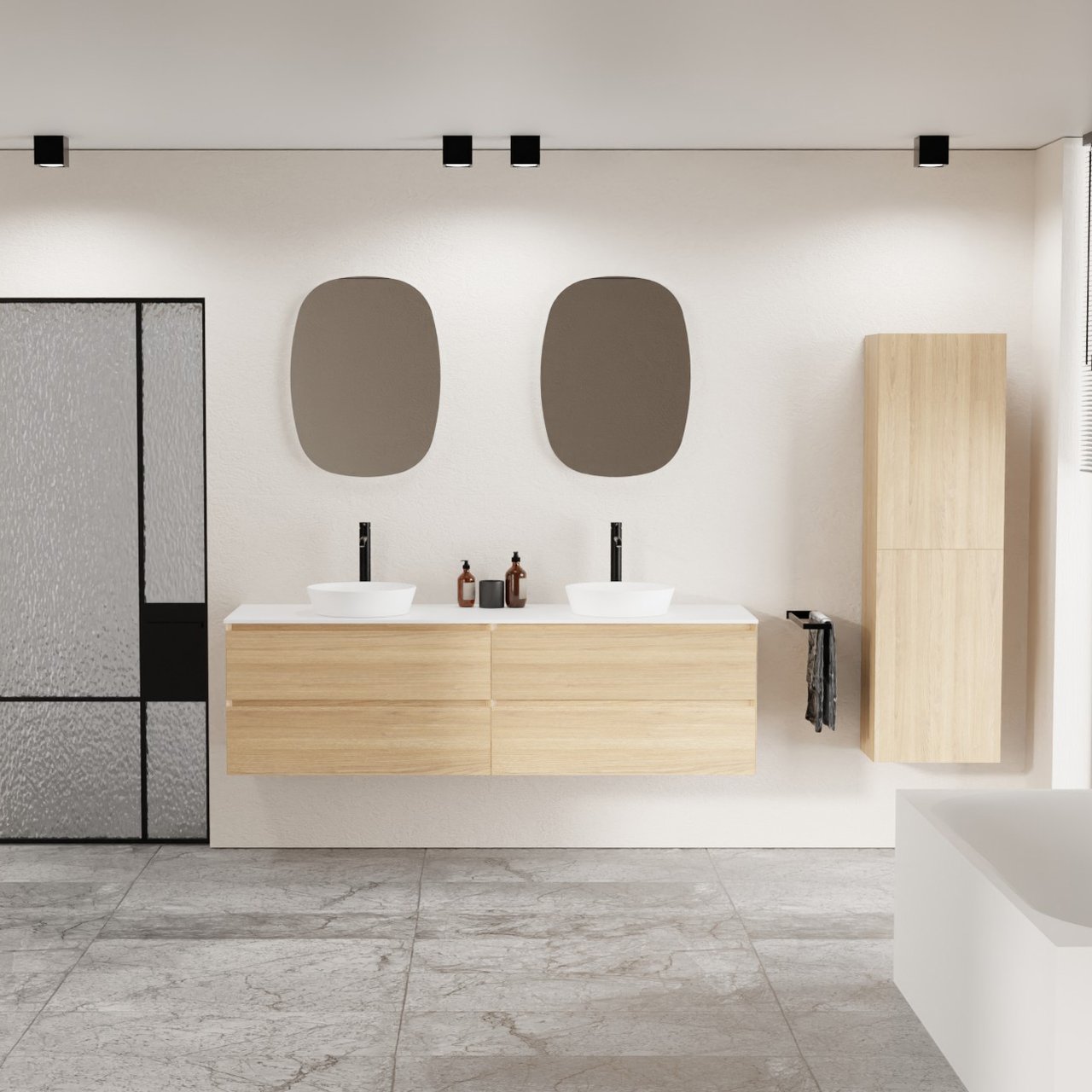 Balmani Mitra zwevend badkamermeubel 180 x 55 cm natuur eik met Stretto enkel of dubbel tablet in solid surface mat wit