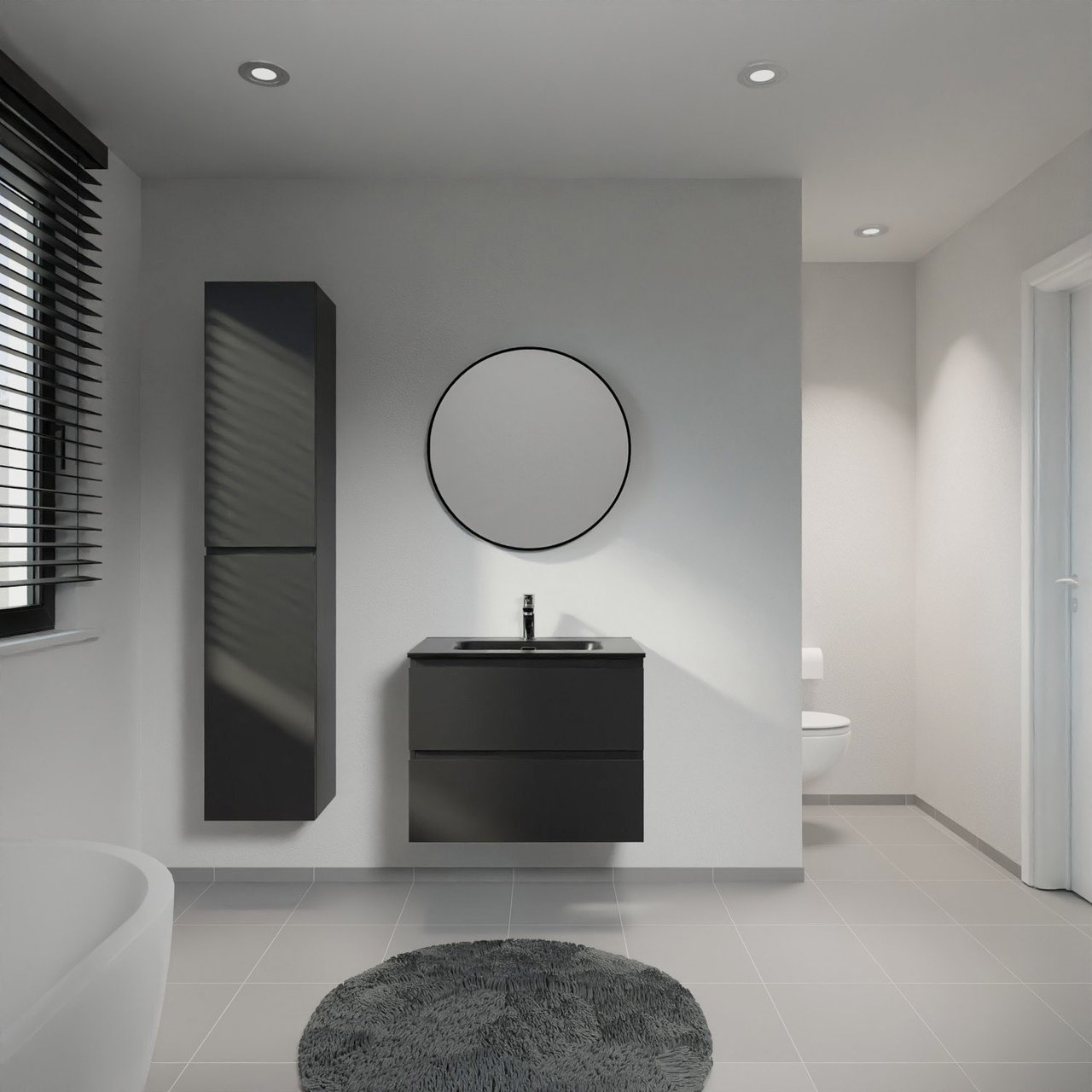 Linie Lado meuble salle de bains suspendu 70 x 46 cm noir mat avec Baro plan simple en porcelaine noir mat