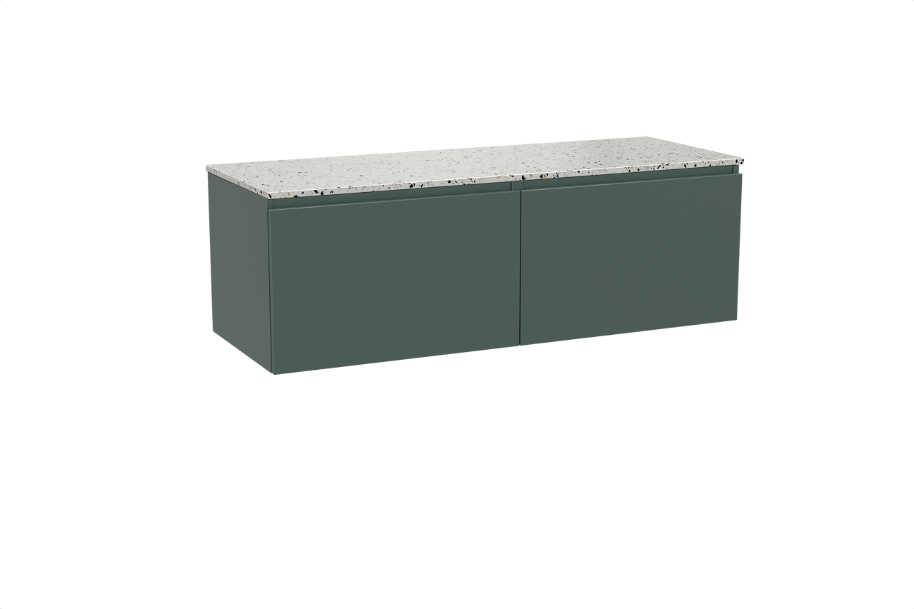 Balmani Sfera hängendes Möbelstück Set: 150 x 55 cm, Forest, mit Stretto Einzel- oder Doppel Waschtischplatte, Terrazzo in Weiß/Schwarz matt