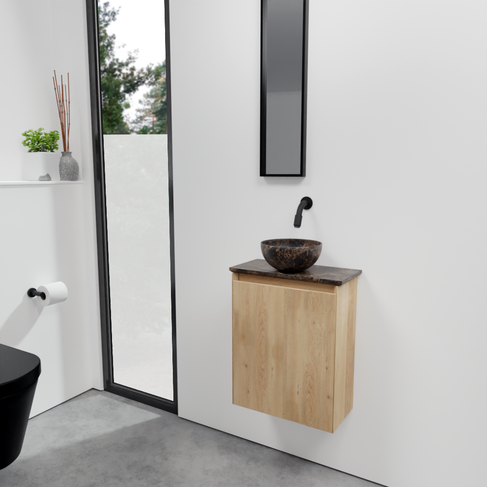 Balmani Mitra zwevend toiletmeubel 42 x 21 cm natuur eik met Facetta tablet en Bari XS waskom in Dark Emperador marmer