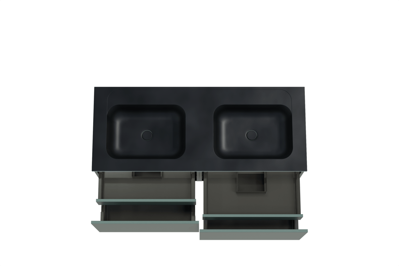 Balmani Sfera zwevend badkamermeubel 135 x 55 cm forest met Tablo Strada dubbele wastafel in composietmarmer mat zwart