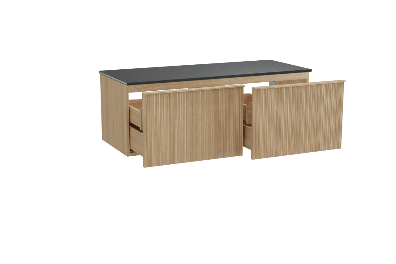 Balmani Forma meuble salle de bains suspendu 135 x 55 cm chêne naturel avec Stretto tablette simple ou double en granit noir, Nervure circulaire asymétrique verticale