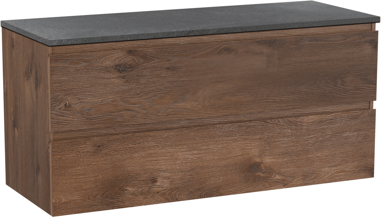 Linie Lado zwevend badkamermeubel 120 x 46 cm bruine eik met Lado enkel of dubbel tablet in melamine leisteen grijs