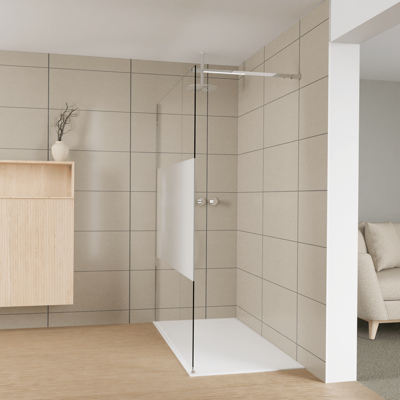 Balmani Modular Walk-In Dusche: 160 x 200 cm, Klarglas mit mattiertem Streifen, Profil Chrom glänzend