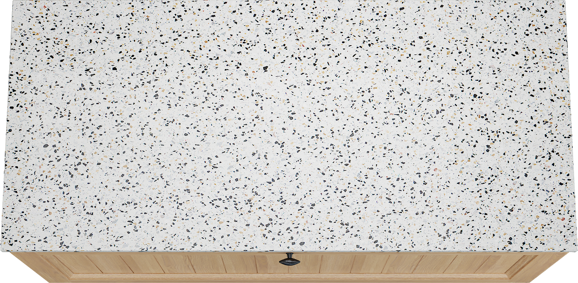 Balmani Lemon hängendes Möbelstück Set: 120 x 55 cm, Naturbelassene Eiche Furnier, mit Stretto Einzel- oder Doppel Waschtischplatte, Terrazzo in Weiß/Schwarz matt