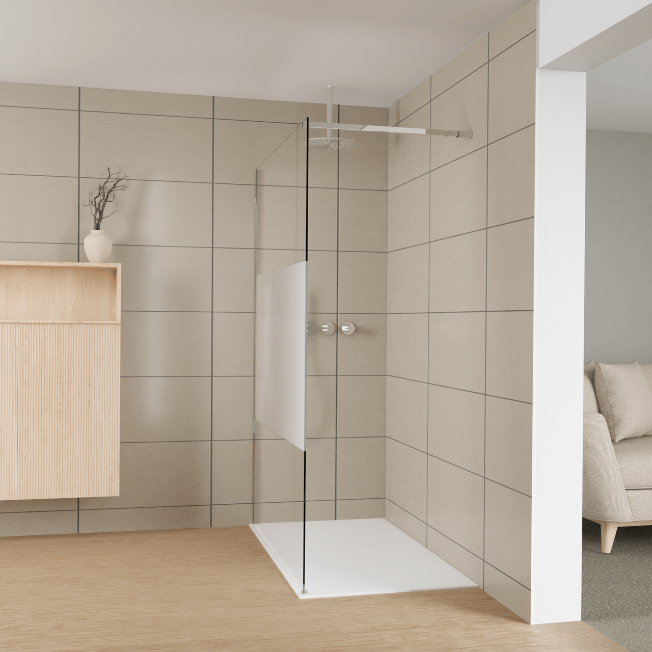 Balmani Modular Walk-In Dusche: 140 x 200 cm, Klarglas mit mattiertem Streifen, Profil Chrom glänzend