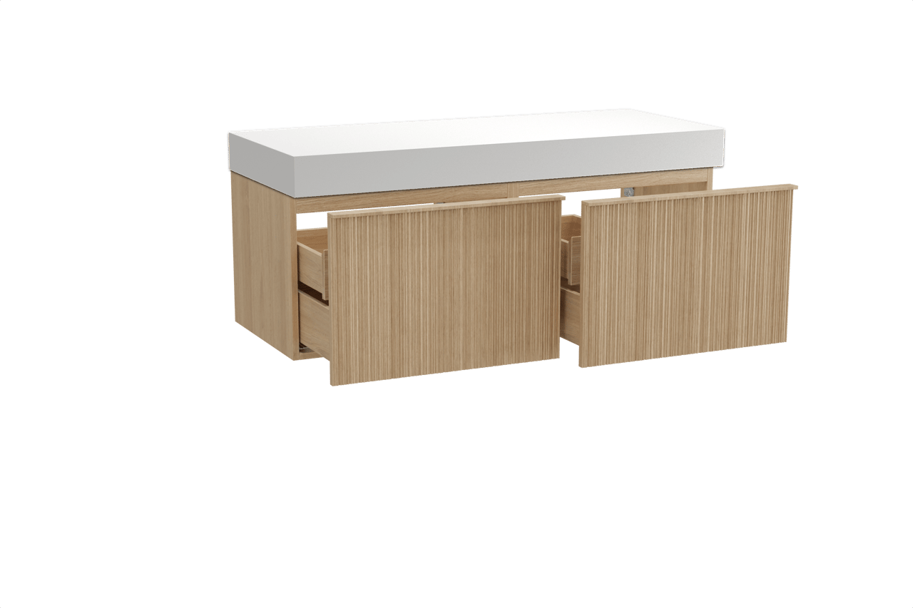 Balmani Forma hängendes Möbelstück Set: 135 x 55 cm, Naturbelassene Eiche, mit Dominus Einzel- oder Doppel Waschtischplatte, Solid Surface, Weiß matt, Vertikale asymmetrische Runde Rippe