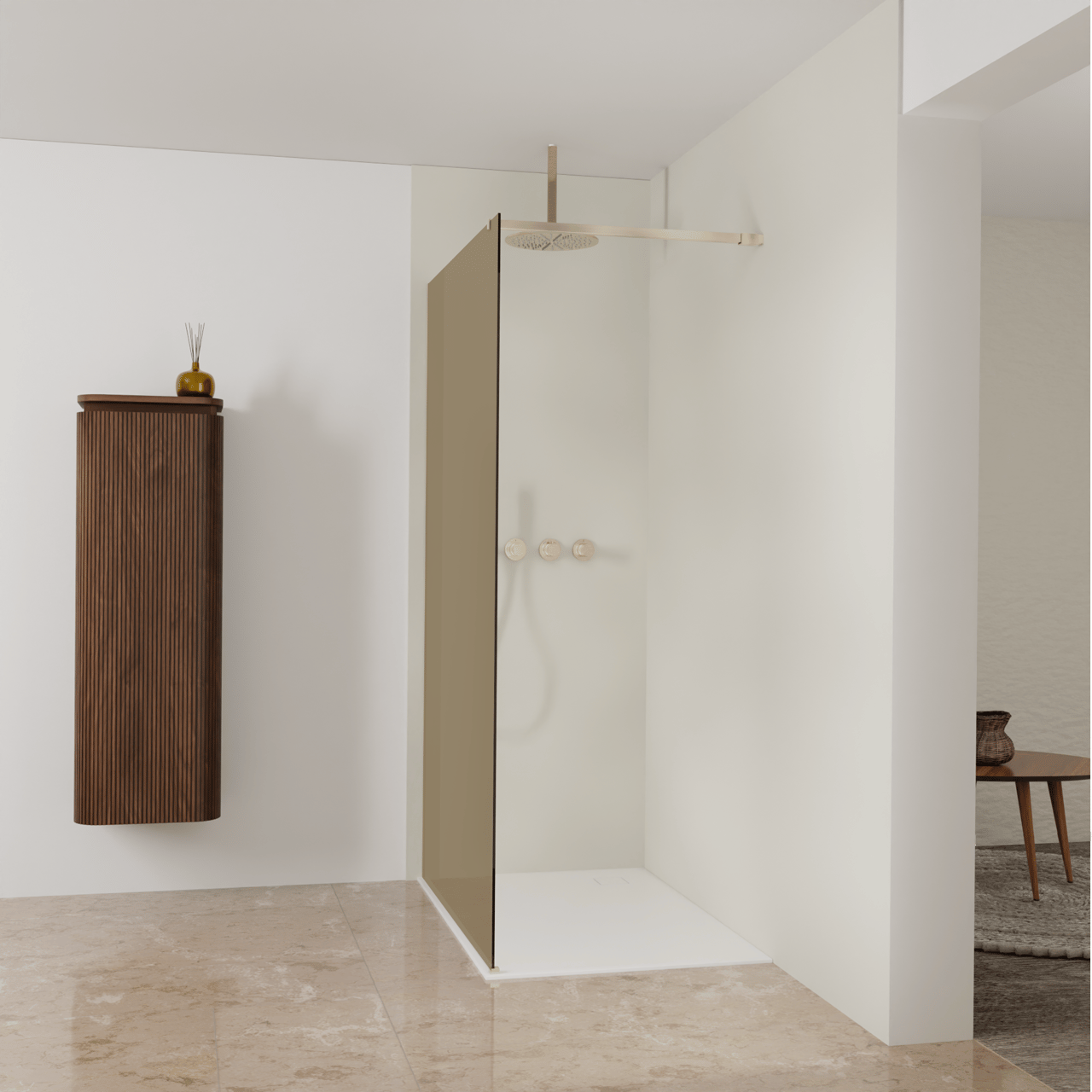 Balmani Modular douche à l'italienne: 120 x 200 cm, Verre bronze, avec coating, Profil Brushed Champagne Gold