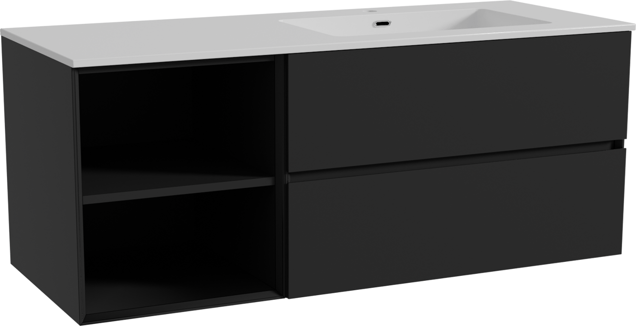 Storke Edge meuble salle de bains suspendu 130 x 52 cm noir mat avec Diva plan vasque asymétrique à droite en marbre composite blanc brillant