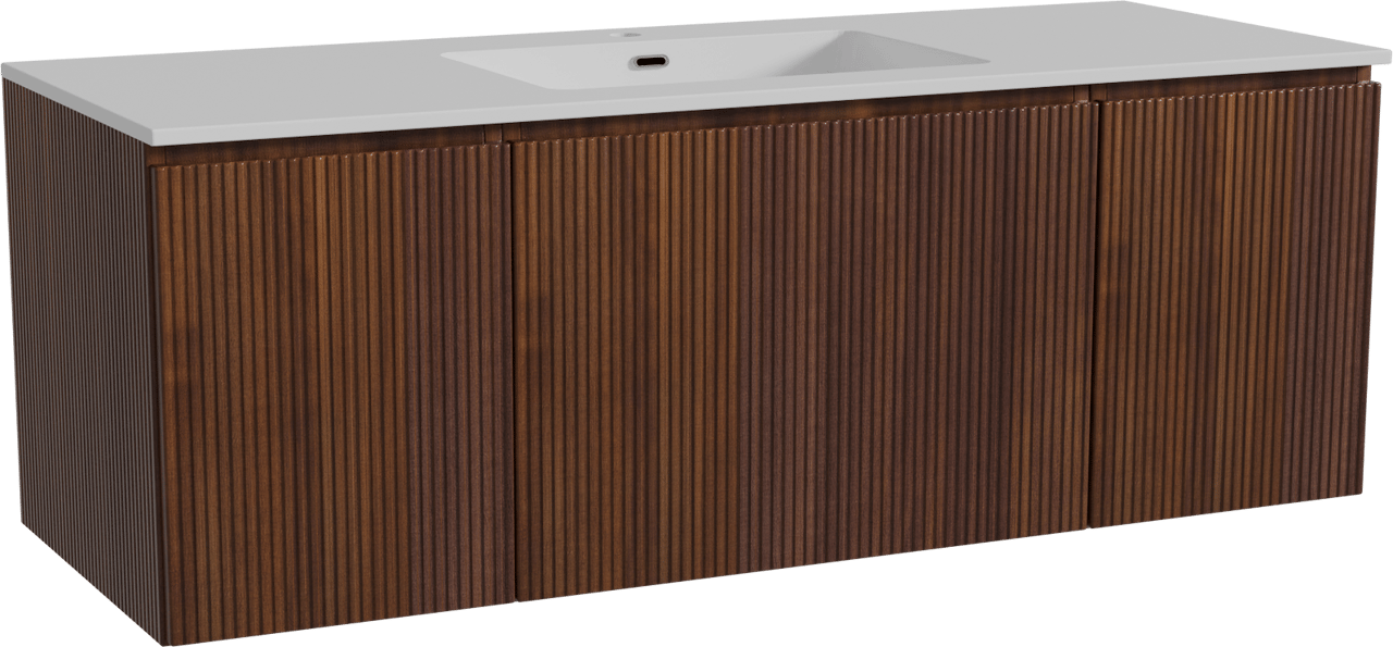 Storke Ribs zwevend badmeubel 135 x 52 cm notenhout met Diva enkele wastafel in composietmarmer hoogglans wit, Verticale symmetrische rechte ribbel